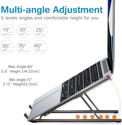 STRIFF laptop stand, macbook stand, portable laptop stand, gaming laptop stand, foldable laptop stand with 6 Level Height & Angle Adjustment & Air Ventilation, Anti-Slip Silicone Pads 15.6-Inch(Black)
