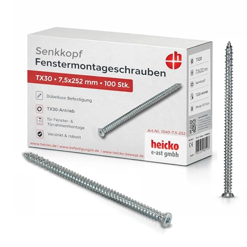 Fensterrahmenschraube/Montageschraube mit Senkkopf, verzinkt blau, TX30-Antrieb, verschiedene Abmessungen (Senkkopf, 7.5x252 mm)