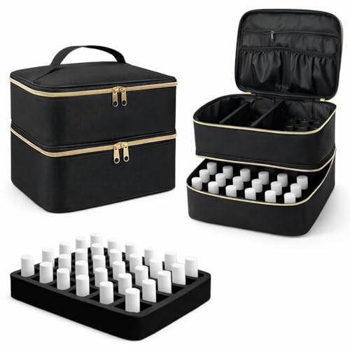 Nagellack-Organizer-Tasche doppelte Aufbewahrungsbox für Nagellack Gel-Lampe und Maniküre-Werkzeuge für 30 Flaschen Nagelbasis (15 ml / 0 5 FL oz) mit verstellbaren Trennwänden Schwarz