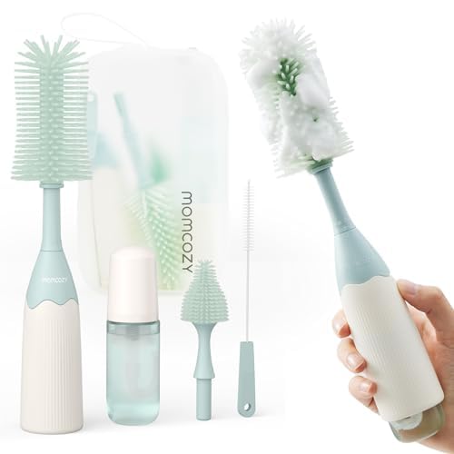 Momcozy Bottle Brush Kit Innovative Push-Press Design for Better Cleaning - Baby Bottle Cleaner Brush for Baby Bottle Breast Pumps Nipples and More - Can Generate Foam for Better Cleaning Green