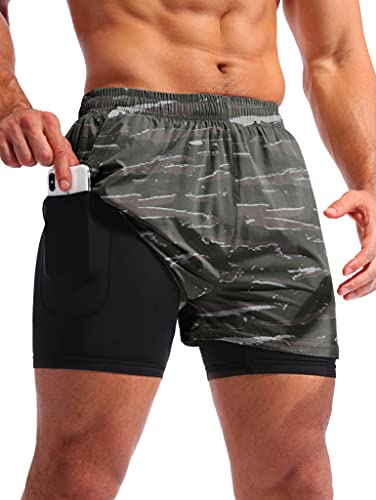 Image of Pudolla Men's 2 in 1 Running Shorts 5 inch Quick Dry Gym Athletic Workout Shorts for Men with Phone Pockets