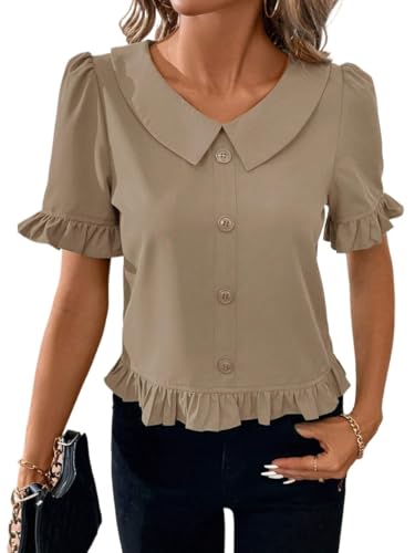 Womens Summer Tops Casual Blouses V Neck Ruffled Elegant Plain Short Sleeve Tops