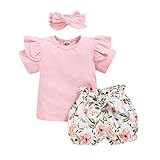 ☘【Nettes Design】Das Oberteil hat einen klassischen O-Ausschnitt, Rüschen Langarm, geläppte Schulter für besser zu verstellbare Schulter und Kopf des Babys, 3 Druckknöpfe im Schritt, praktisches Design zum einfachen An- und Ausziehen, auch leicht zu wechselnde Windel. Babyhose mit Blumenmuster, Hüftgurt kann einen süßen Bogenknoten in der Taille binden, Gummiband lange Hose, geeignet für verschiedene Mädchen, die Kleidung macht Ihr Baby schöner und charmanter