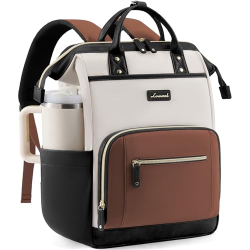 LOVEVOOK Laptop Backpack for Women with Giant Tumbler Holder,18 inch Professional Nurse Teacher Backpack Computer Laptop Bag,Cute Waterproof Travel Backpack Purse Work College Bag, Beige-Black-Brown