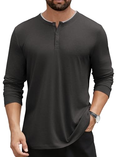 Hardaddy Men's Long Sleeve Henley Shirts Casual Color Block Henley Button T-Shirt Tops Black L