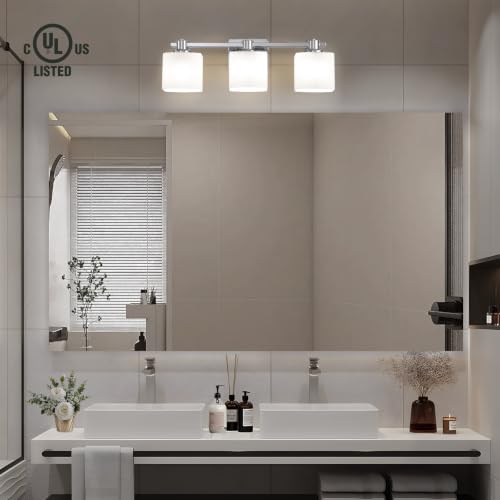 Image of 23 Inch Chrome Bathroom Light Fixtures Over Mirror 3 Light Bathroom Vanity Light Silver Modern Industrial Makeup Lighting Wall Sconce Shower Farmhouse Rustic Milk Glass Lamp Above Desk Sink