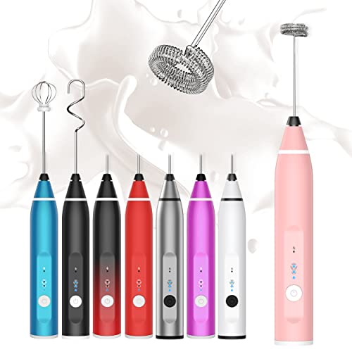 Image of Milk Frother Rechargeable Handheld Electric Whisk Coffee Frother Mixer with 3 Stainless whisks 3 Speed Adjustable Foam Maker Blender for Coffee Matcha Latte Cappuccino Hot Chocolate(Classic Pink)