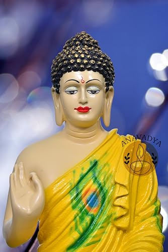 Image of Beautiful Sitting Buddha Idol Statue for Home & Garden Living Room | Healing Spirit Blessing Buddha Statue - 15 Inch Size (Yellow + Cream)