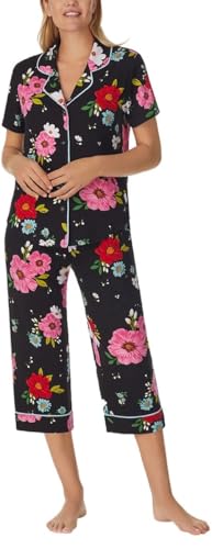 Room Service Womens 2-Piece Lightweight Short Sleeve Notch Collar Crop Pants Pajama Set