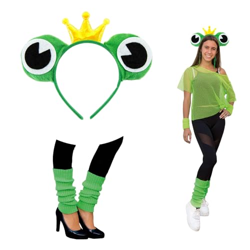 Oblique Unique Frosch Kostüm Accessoire Set Damen - Froschaugen Haarreif mit Krone & grüne Beinstulpen – Fasching Karneval Mottoparty König Frosch Kostüm Zubehör grün