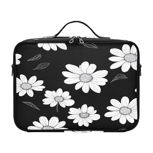 zyrtty Travel Makeup Train Case White Leaf Flower Pattern Black Cosmetic Organizer Portable Storage Bag with Adjustable Dividers for Cosmetics Brushes Toiletry Jewelry Digital Accessories