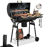 TLSUNNY Barbecue Charbon de Bois, Chariot à Grill avec Couvercle, Cheminée, Thermomètre, Bac à Cendres Amovible, Tablettes Pliables, 2 Roues, BBQ Fumoir pour Jardin, Terrasse et Camping, 6–8 Personen