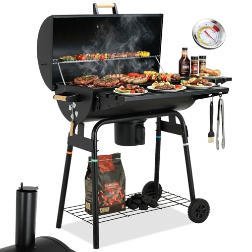 TLSUNNY Barbecue Charbon de Bois, Chariot à Grill avec Couvercle, Cheminée, Thermomètre, Bac à Cendres Amovible, Tablettes Pliables, 2PCS Roues, BBQ Fumoir pour Jardin et Camping, 6–8 Personen