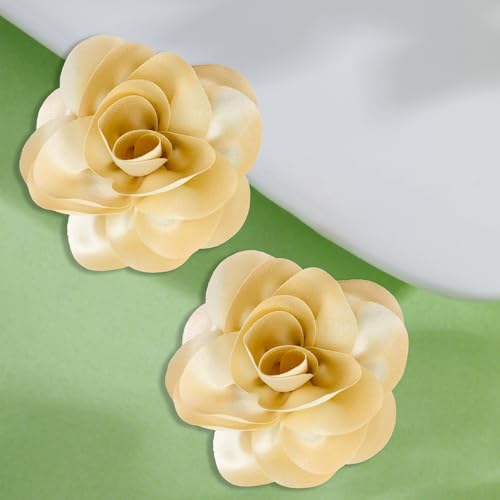 Image of 2Pcs 5in Dainty Satin Fabric Flower Brooch Extra Large Rose Camellia Flower Brooches Lapel Pins for Women Wedding Party Dance Banquet Clothes Jewelry Accessories