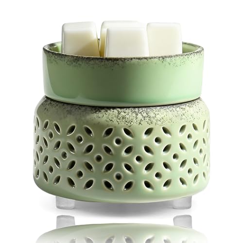 Image of Mint Green Ceramic Wax Melt Burner Electric, Scented Candle Warmer with Dimmer Night Light, Safe Flameless Oil Burner for Essential Oils & Aromatherapy, UK Home Gift for Living Room & Bedroom