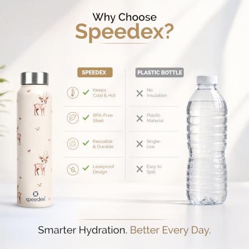 Image of Speedex Stainless Steel Printed Water Bottle 1 Ltr 1000 ml, BIS Approved, Leak Proof Screw Cap Bottle for Office, School, Travel, Daily Use for Men, Women, Kids, Adults, Baby Deer, Set of 2