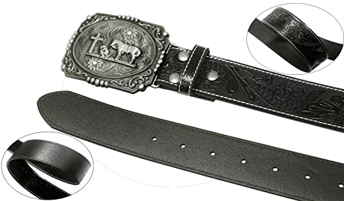 Moranse Belts With Religion Cross Cowboy Kneeling Prayer Buckle,Genuine Cow Leather,Classic and Retro Pattern Fashion Designs4