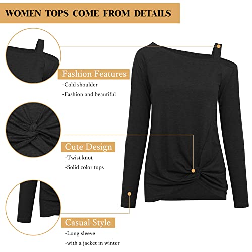 Temofon Women's Cold Shoulder Tops Long Sleeve Twist Knot Top Casual Tunic Blouse T-Shirts Black M #TOP6