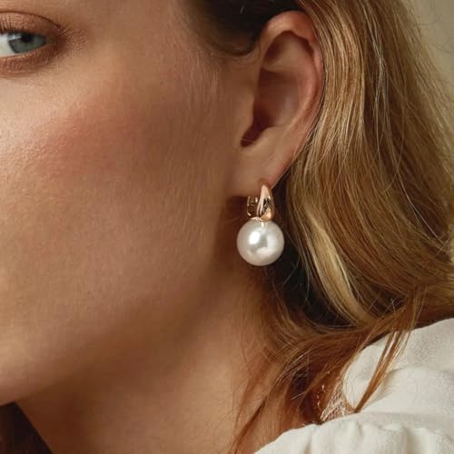 Pearl Earrings for Women, 14K Gold Plated/925 Sterling Silver Quality Handpicked AAA+ Freshwater Cultured Round Pearls Small Gold Hoops Dangle Pearl Earrings Wedding Jewelry Gift for Women2