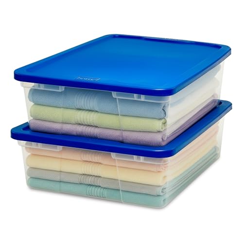 HOMZ 2-Pack Snaplock, Small Clear Plastic Storage Organizer Bins with Lids, 28 Quart, Blue - Stackable Container Boxes for Bedroom, Bathroom, Garage, and Office Organization
