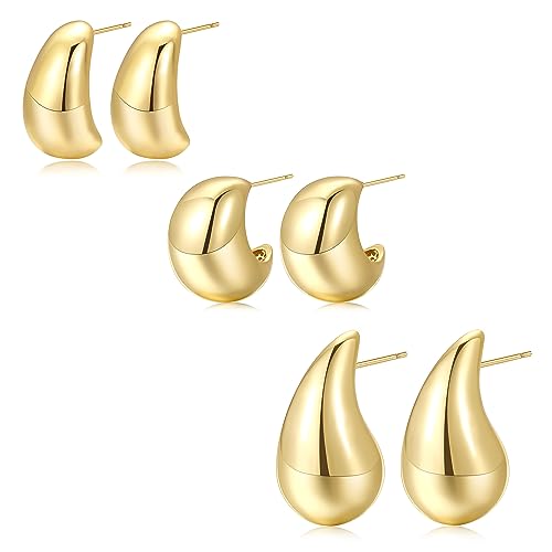 FANDY Chunky Gold Hoop Earrings Set for Women, 3 Pairs 14K Gold Plated Teardrop Earrings, Hypoallergenic Drop Open Hoops, Trendy Earrings Set for Gift Giving