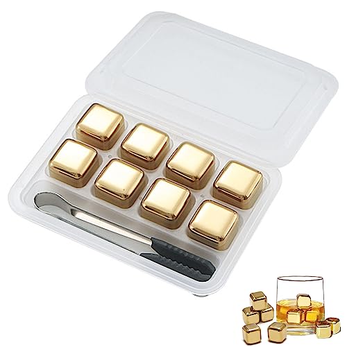 Cubetti di Ghiaccio in Acciaio Inox, 8 Pezzi Pietre di Whisky Riutilizzabile, con Clip in Silicone, per Whisky, Vodka e Tequila, Oro