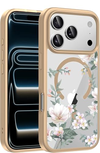 Image of VONZEE Retro Floral Clear Case for iPhone 17 Pro Max (6.9 inch) | Magnetic Wireless Charging Compatible | Luxury PC+TPU Shockproof Glossy Shiny Back Cover for Girls & Women (Desert)