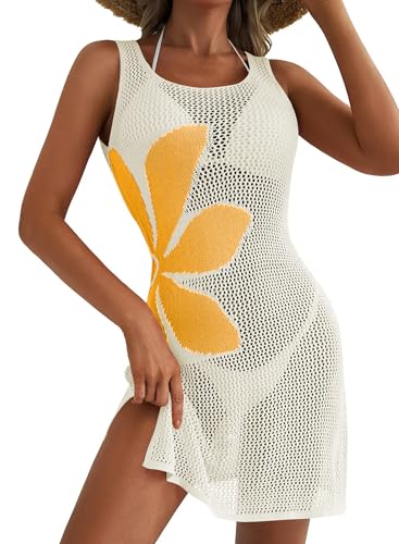Image of Cakulo Women's Crochet Beach Cover Up Boho Floral Dress | Sleeveless, Hollow Out Knit, High Slit, Bikini Bathing Suit Cover Up, Summer Vacation Dresses, Cruise Outfits, Resort Wear