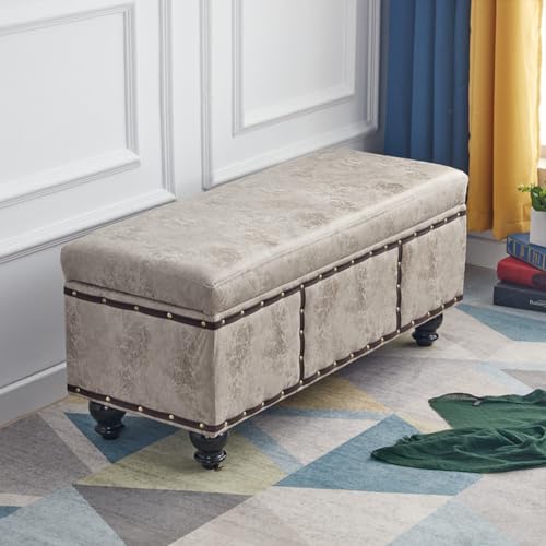 Shally Dogan Baúl contenedor de Interior con Asiento Acolchado, Revestimiento de Piel sintética de Nobuk, puf reposapiés para Dormitorio, salón, Banco Taburete 80 x 40 x 43 cm (Caqui)