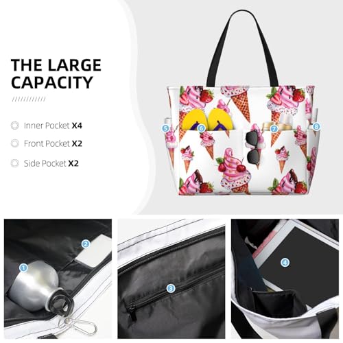 Pink Summer Ice Cream Large Beach Bag Waterproof Sandproof Swim Tote Pool Bag For Women With Zipper2
