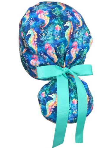 Image of Scrub Cap for Women and Men, Ponytail Scrub Caps, Working Hat, Head Cover with Ribbon Ties and Buttons, Long Hair