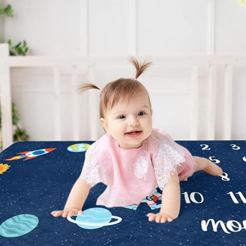 Image of Space Baby Monthly Milestone Blanket Astronaut Star Decor Photography Background Newborn Growth Record Prop Blanket 60 inchx40 with Frames