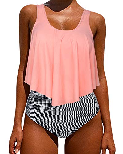 Image of OMKAGI Women's Ruffle Bikini Swimsuit High Waisted Bottom Plus Size Swimwear Tankini