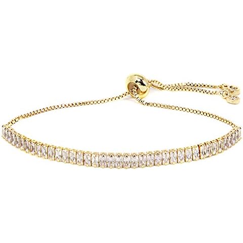 by you Women Fashion Cubic Zirconia Charm Tennis Adjustable Pull String Bracelet Gold Silver Color (Clear Rectangle 4mm - Gold) Cover