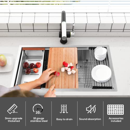 TUSY 30 Inch Workstation Ledge Undermount, 16 Gauge Stainless Steel Kitchen Sink, T-304 Grade Single Bowl with Accessories