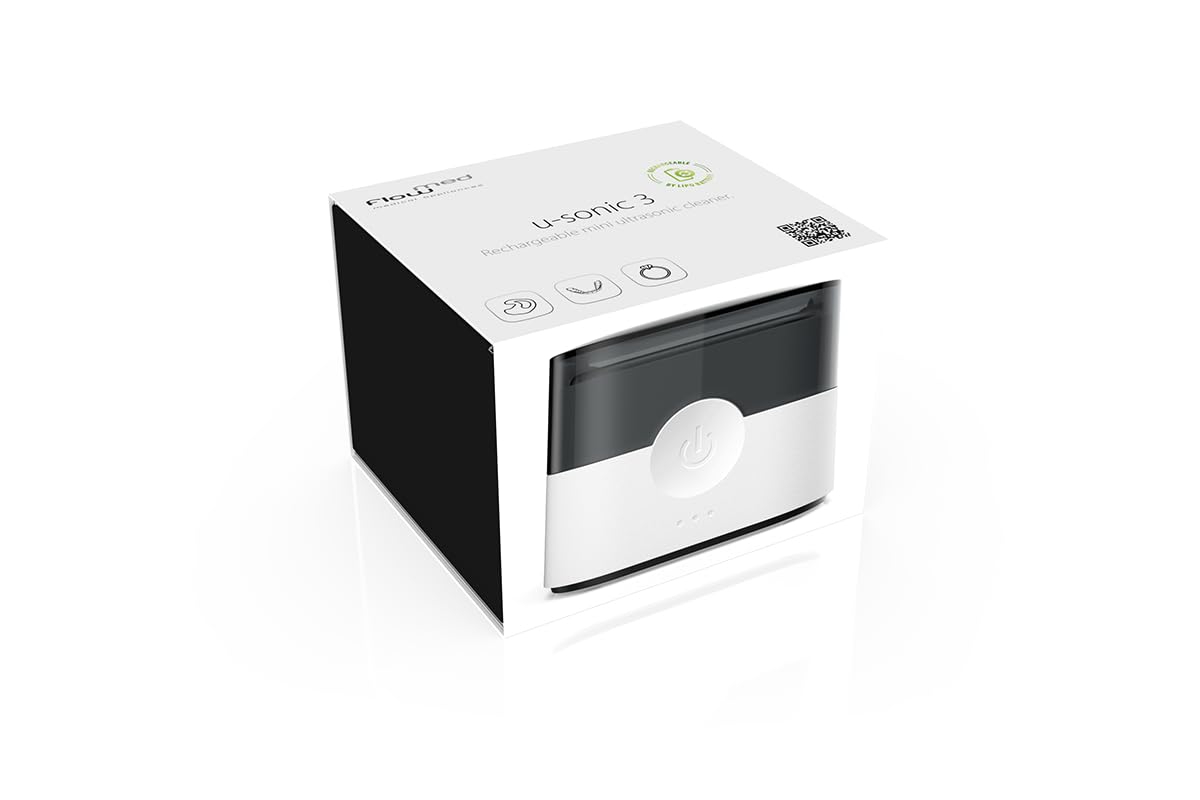 flow-med u-sonic 3 - Ultraschallreinigungsgerät - Wiederaufladbarer Akku | Ultraschallgerät Ohrpassstücke, Gehörschutz & Otoplastiken - Integrierter Akku - 360° Reinigung - 125ml Edelstahl – Behälter
