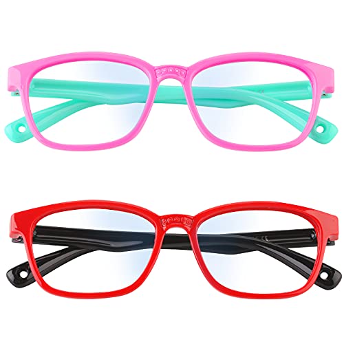 Konikit 2 Pack Kids Blue Light Blocking Glasses Girls & Boys, Computer Gaming Reading Glasses for Age 3-12, Anti Eyestrain & UV Protection, Non Prescription (Pink Green+Black red)
