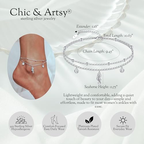 Image of CHIC & ARTSY 925 Sterling Silver Ankle Bracelets for Women, Adjustable Layered Foot Chains with Nature & Symbol Charms, Lightweight Comfort Fit Boho Beach Everyday Jewelry