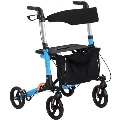 HOMCOM Déambulateur pliant avec siège et dossier 4 roues - pliable réglable avec sac de rangement - freins à main - bleu et noir