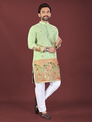Image of Men's Cotton Silk Kurta with Jacquard Work Full Sleeves Floral Printed Side Slit and Mandarin Collar Neck | Kurta Pajama Set for Men Cotton Wedding | Short Kurta for Men