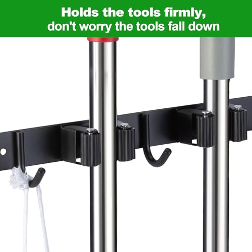 Image of voze 2 Racks and 3 Hooks Mop and Broom Holder Wall Mount, Self Adhesive Heavy Duty Broom Organizer Storage Tool Racks for Kitchen Garden Laundry Garage