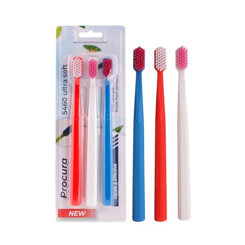 Spazzolino da denti VED ProCura Ultra Soft: spazzolino manuale delicato per adulti con 5.460 setole super morbide per denti e gengive sensibili (RED+WHITE+BLUE)