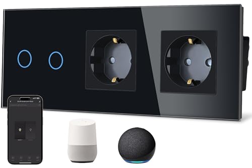 TAWOIA Interruttore della luce Smart Wlan Touch (neutro necessario) con doppia presa normale, pannello in vetro, controllo vocale Alexa, lavoro con Smart Life e app Tuya, 2 scomparti a 1 vie, nero