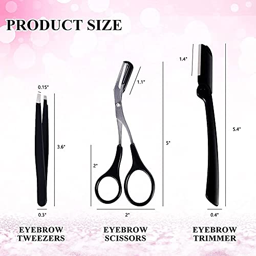 Chen 3-In-1 Eyebrow Scissors Kit，Scissors Set For Women's Eyebrow Combing， Multifunctional Exfoliating Beauty Tool，Including；Eyebrow Trimmer Scissors, Slanted Tip Tweezers,Facial Razor（Black） #TOP1