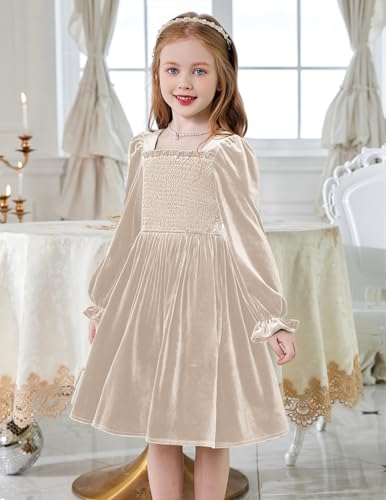 Arshiner Toddler Velvet Dress Girls Smocked Square Neck Puff Long Sleeve Party Dresses with Pockets 3-8Y4