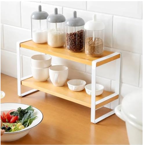 Image of 2 Tier Wooden & Metal Spice jar Masala Rack Organizer | Countertop Storage Stand for Kitchen, Bathroom & Cosmetics | Space-Saving Multi-Purpose Rack (White & Beech)