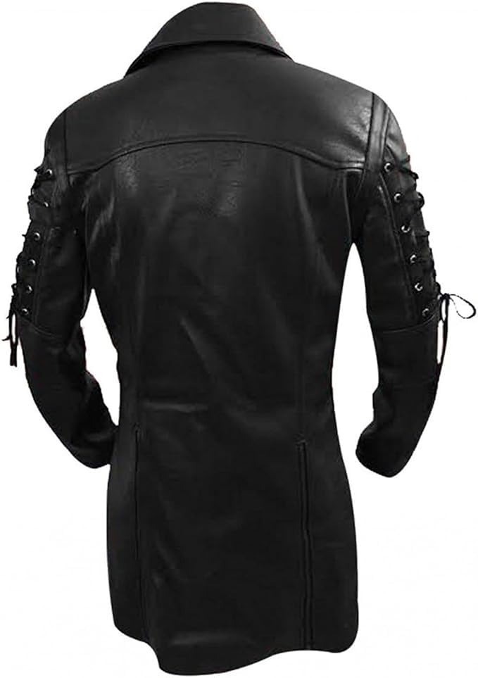 AREENO Men's Real Black Leather Goth Matrix Trench Coat Steampunk Gothic Jacket2