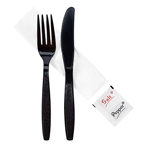 Karat [ 250 ct ] Black Wrapped PS Plastic Cutlery Set with Napkin (Knife, Fork, 1-ply Napkin, Salt & Pepper) U2208B
