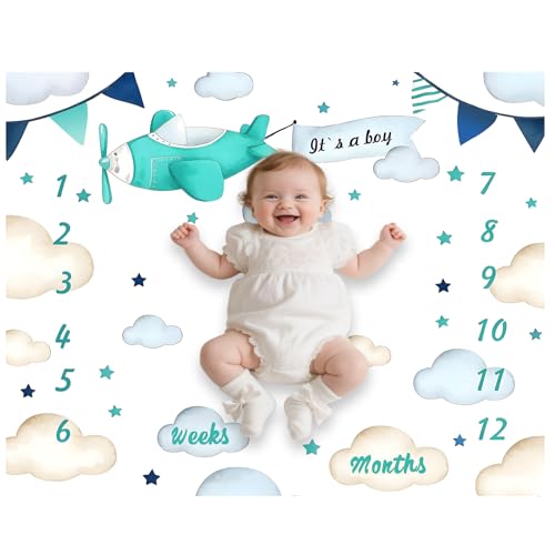 Image of Airplane Theme Baby Monthly Milestone Blanket for Boys, Soft Flannel Aircraft Pilot Cloud Stars Pattern Photography Prop Baby Shower Age Newborn Mom Gifts Nursery Decor (Turquoise, 48x40in)