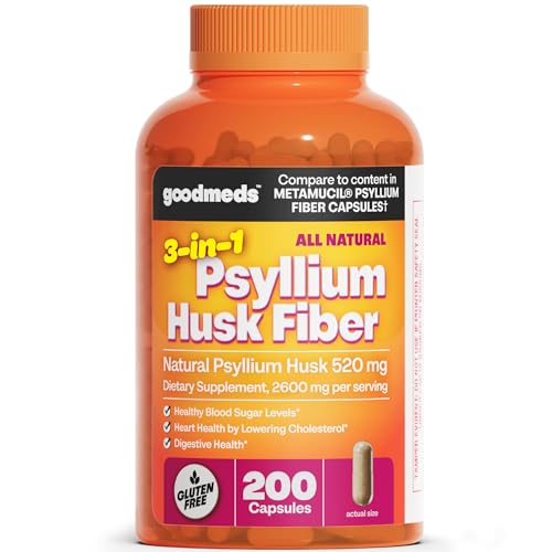 GoodMeds Psyllium Husk Fiber 520mg Capsules Supplement Soluble Dietary Colon Support for Women and Men Restore Digestive Regularity and Balance (200 Count)